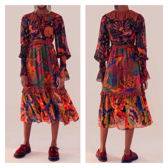 FARM Rio Dresses & Skirts - NWT FARM RIO Mixed Leopards Jungle Long Sleeve Midi Dress XS NEW